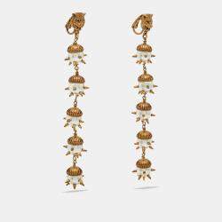 Pre Owned Gucci Feline Head Spiked Faux Pearl Gold Tone Clip-On Earrings