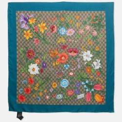 Pre Owned Gucci Multicolor/Blue Floral GG Supreme Print Silk Square Scarf 