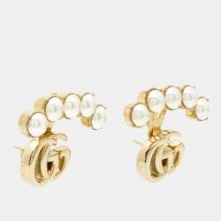 Pre Owned Gucci Double G Faux Pearl Gold Tone Earrings
