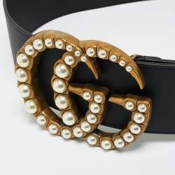 Pre Owned Gucci Black Leather GG Marmont Pearl Wide Waist Belt 75CM