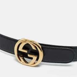 Pre Owned Gucci Black Glossy Leather Interlocking G Belt 75CM