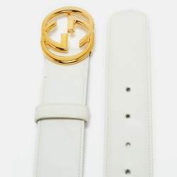 Pre Owned Gucci White Leather Interlocking G Buckle Belt 85CM