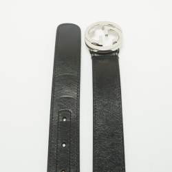 Pre Owned Gucci Black Leather Interlocking G Buckle Belt 80 CM