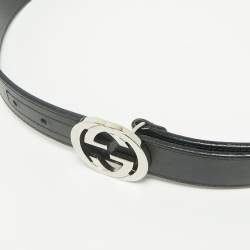 Pre Owned Gucci Black Leather Interlocking G Buckle Belt 80 CM
