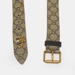 Pre Owned Gucci Beige GG Supreme Canvas Tiger Print Buckle Belt 90CM
