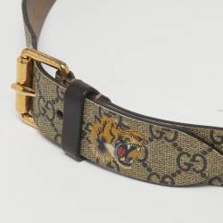 Pre Owned Gucci Beige GG Supreme Canvas Tiger Print Buckle Belt 90CM