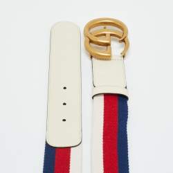 Pre Owned Gucci White Web Canvas and Leather GG Marmont Belt 80CM