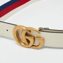 Pre Owned Gucci White Web Canvas and Leather GG Marmont Belt 80CM
