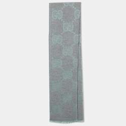 Pre Owned Gucci Light Blue & Grey Logo Intarsia Wool Shawl