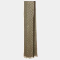 Pre Owned Gucci Vintage Brown Wool & Silk Logo Strip Detail Scarf