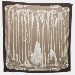 Pre Owned Gucci Beige & Black Buckle Printed Silk Scarf