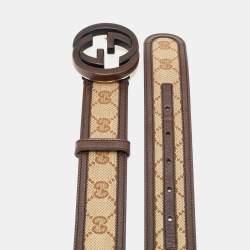 Pre Owned Gucci Beige/Brown GG Canvas and Leather Interlocking G Buckle Belt 85CM