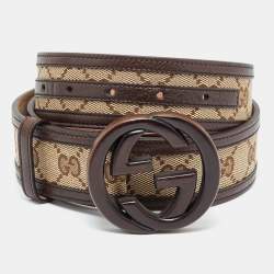 Pre Owned Gucci Beige/Brown GG Canvas and Leather Interlocking G Buckle Belt 85CM