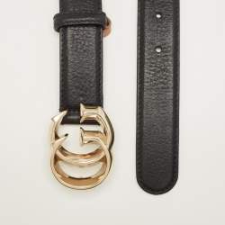 Pre Owned Gucci Black Leather Double G Buckle Belt 80CM