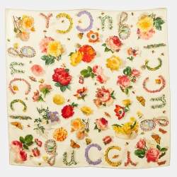 Pre Owned Gucci Light Beige Floral Butterfly Print Silk Scarf