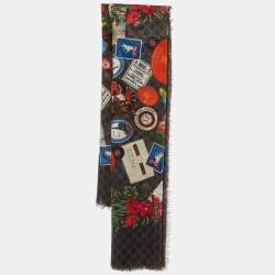 Pre Owned Gucci Grey Monogram Courrier Wool Fringed Shawl