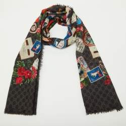 Pre Owned Gucci Grey Monogram Courrier Wool Fringed Shawl