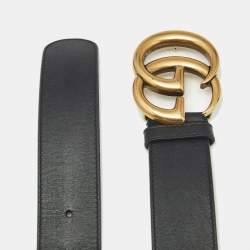 Pre Owned Gucci Black Leather GG Marmont Buckle Belt 80 CM
