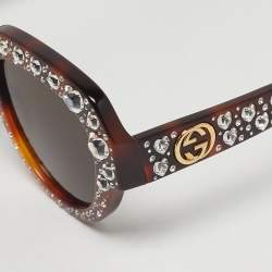 Pre Owned Gucci Tortoiseshell Brown GG0308S Heart Crystal Square Sunglasses