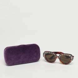 Pre Owned Gucci Tortoiseshell Brown GG0308S Heart Crystal Square Sunglasses