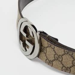 Pre Owned Gucci Beige/Brown GG Supreme Canvas Interlocking G Buckle Belt 90CM