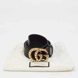 Pre Owned Gucci Black Leather Pearl Embellished GG Marmont Belt 95CM