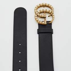 Pre Owned Gucci Black Leather Pearl Embellished GG Marmont Belt 95CM