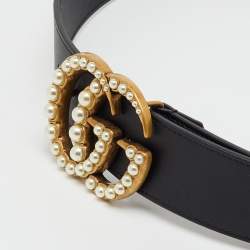 Pre Owned Gucci Black Leather Pearl Embellished GG Marmont Belt 95CM