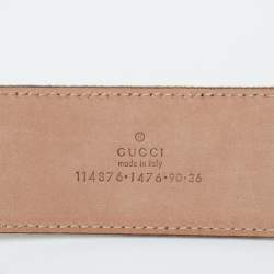 Pre Owned Gucci Beige/White Web Canvas and Leather Interlocking G Buckle Belt 90CM