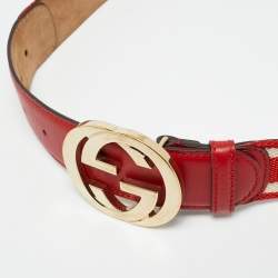 Pre Owned Gucci Red/White Web Canvas and Leather Interlocking G Buckle Belt 85CM