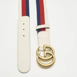 مملوكة مسبقًا حزام غوتشي جي جي مارمونت كانفاس أبيض وجلد 80 سم