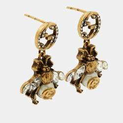 مملوكة مسبقًا Gucci GG Bee Faux Pearl Crystals Gold Tone Earrings