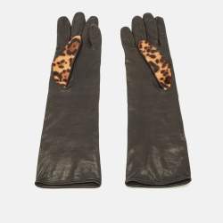 Pre Owned Gucci Interlocking G Long Gloves Brown Leopard Calfhair and Leather