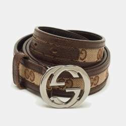 مملوكة مسبقًا Gucci Interlocking G 90 CM Buckle Belt Beige/Brown GG Canvas and Leather