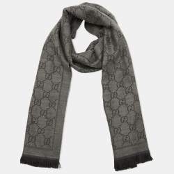 مملوكة مسبقًا Gucci Grey GG Jacquard Wool Fringed Scarf
