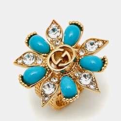 Pre Owned مجموعة خواتم غووتشي ثلاثية زهرة راتينج بلورات لون ذهبي