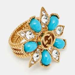 Pre Owned مجموعة خواتم غووتشي ثلاثية زهرة راتينج بلورات لون ذهبي