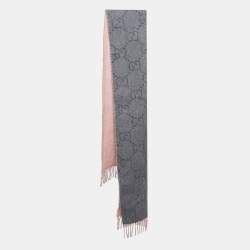 Pre Owned Gucci Lurex Grey & Pink Logo Jacquard Wool Fringed Scarf