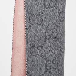 Pre Owned Gucci Lurex Grey & Pink Logo Jacquard Wool Fringed Scarf