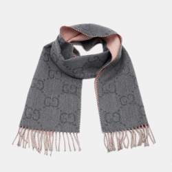 Pre Owned Gucci Lurex Grey & Pink Logo Jacquard Wool Fringed Scarf