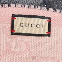 Pre Owned Gucci Lurex Grey & Pink Logo Jacquard Wool Fringed Scarf