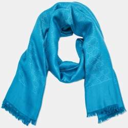 مملوكة مسبقًا Gucci Blue GG Jacquard Wool Blend Scarf 