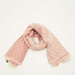 Pre Owned Gucci Peach GG Jacquard Wool Blend Fringed Scarf 