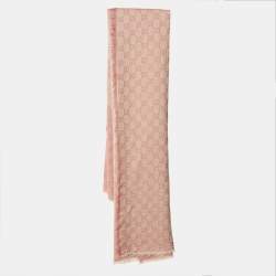 Pre Owned Gucci Peach GG Jacquard Wool Blend Fringed Scarf 