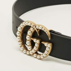 Pre Owned Gucci GG Marmont Faux Pearl 85 CM Buckle Belt Black Leather