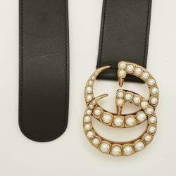 Pre Owned Gucci GG Marmont Faux Pearl 85 CM Buckle Belt Black Leather