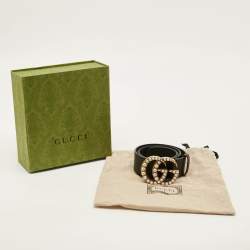 Pre Owned Gucci GG Marmont Faux Pearl 85 CM Buckle Belt Black Leather
