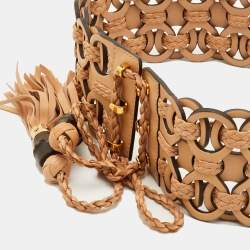 Pre Owned Gucci Beige Leather Braided Tassel Bamboo Waist Belt 80CM