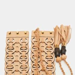 Pre Owned Gucci Beige Leather Braided Tassel Bamboo Waist Belt 80CM