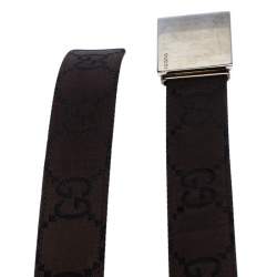 Pre Owned Gucci Dark Brown GG Fabric Logo Plaque Buckle Belt 90CM